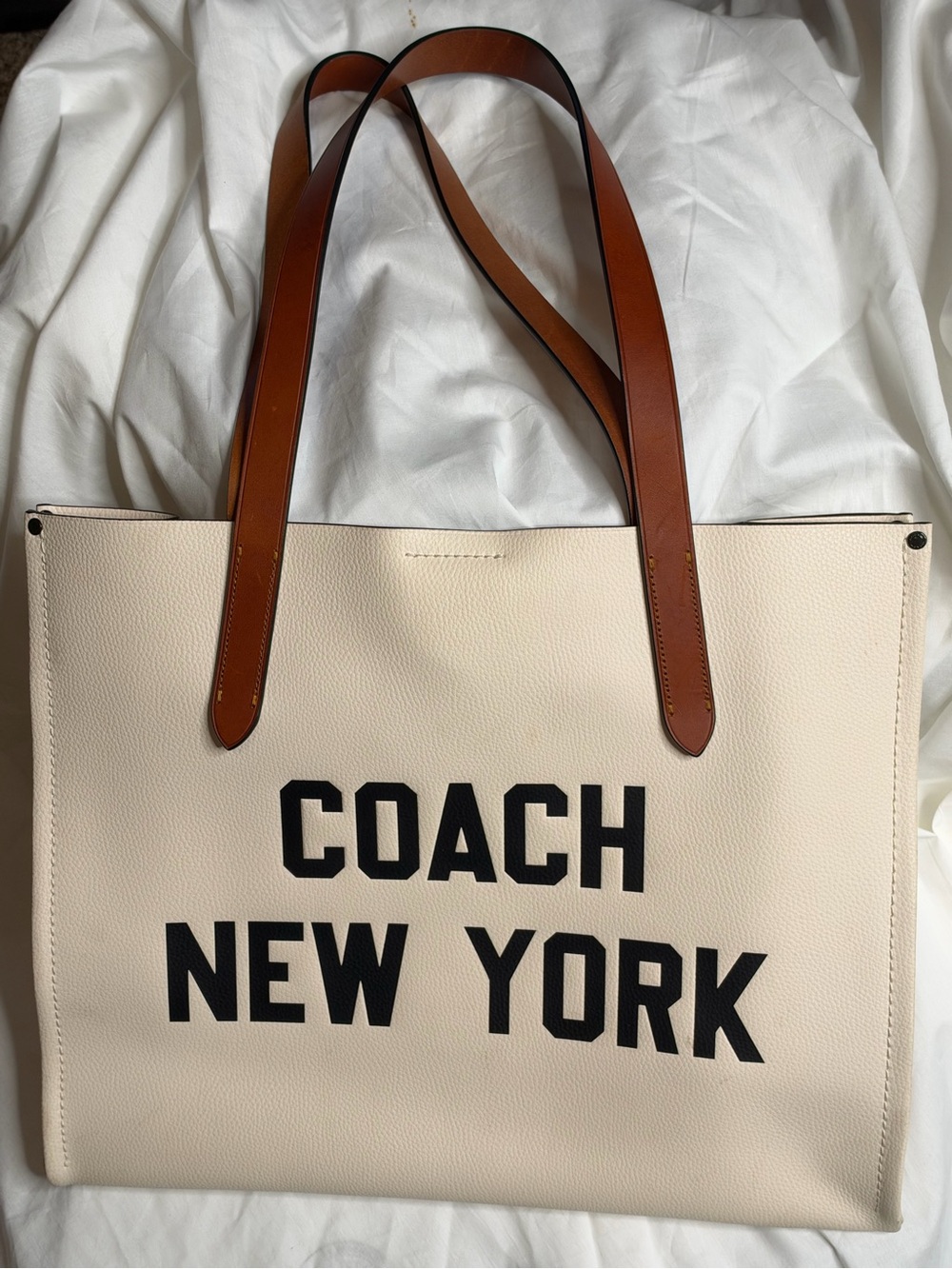Coach Cream Leather Tote with Brown Handles and Black Logo
